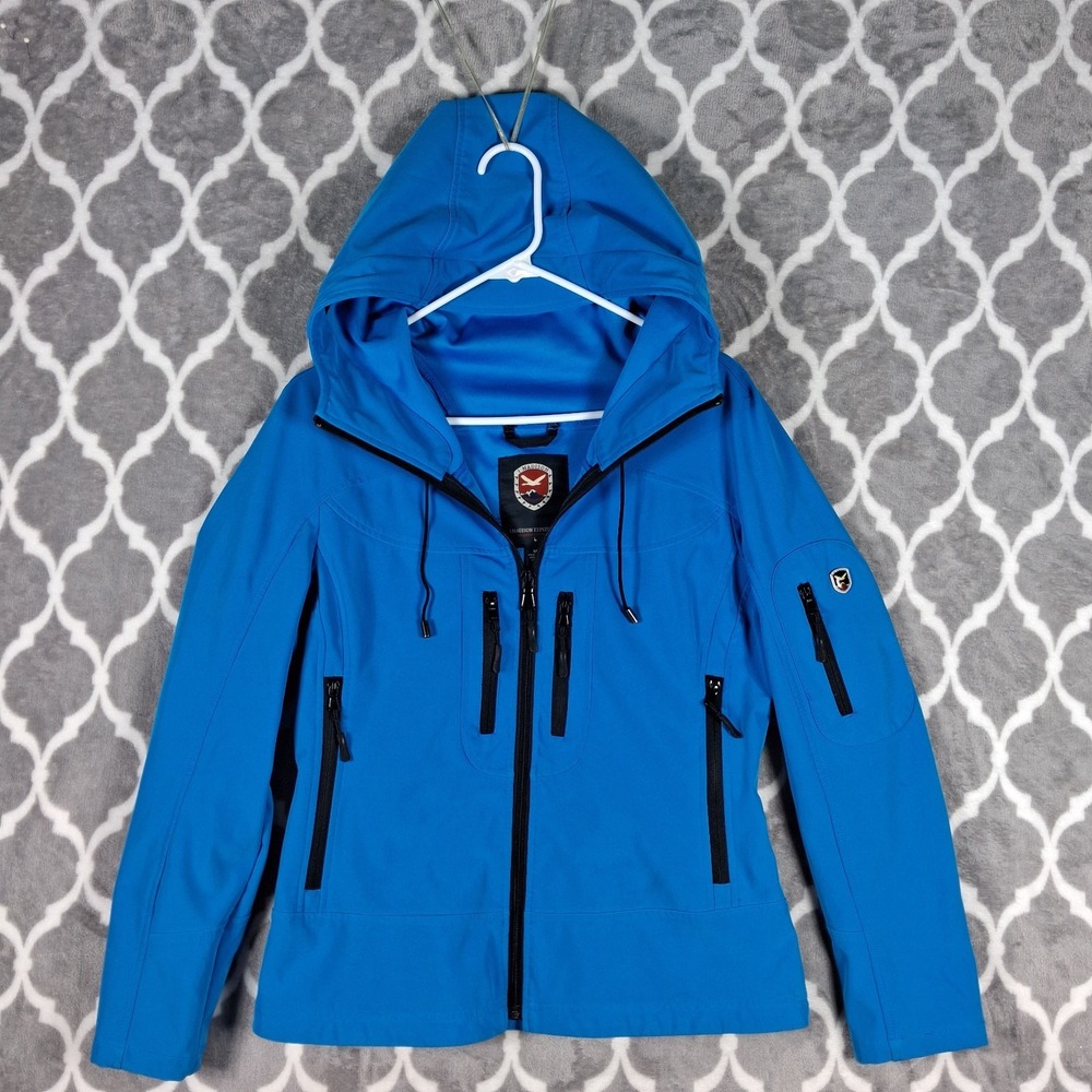1 Madison Expedition Softshell Jacket Women Medium Blue Hooded Zip Outdoor